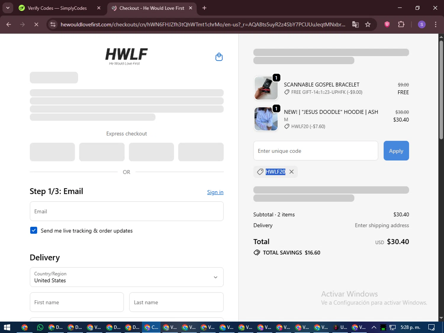 He Would Love First discount code screenshot showing code HWLF20 applied at He Would Love First checkout page. Uploaded by SimplyCodes community member LuckyVoyager688 on Dec 9, 2025
