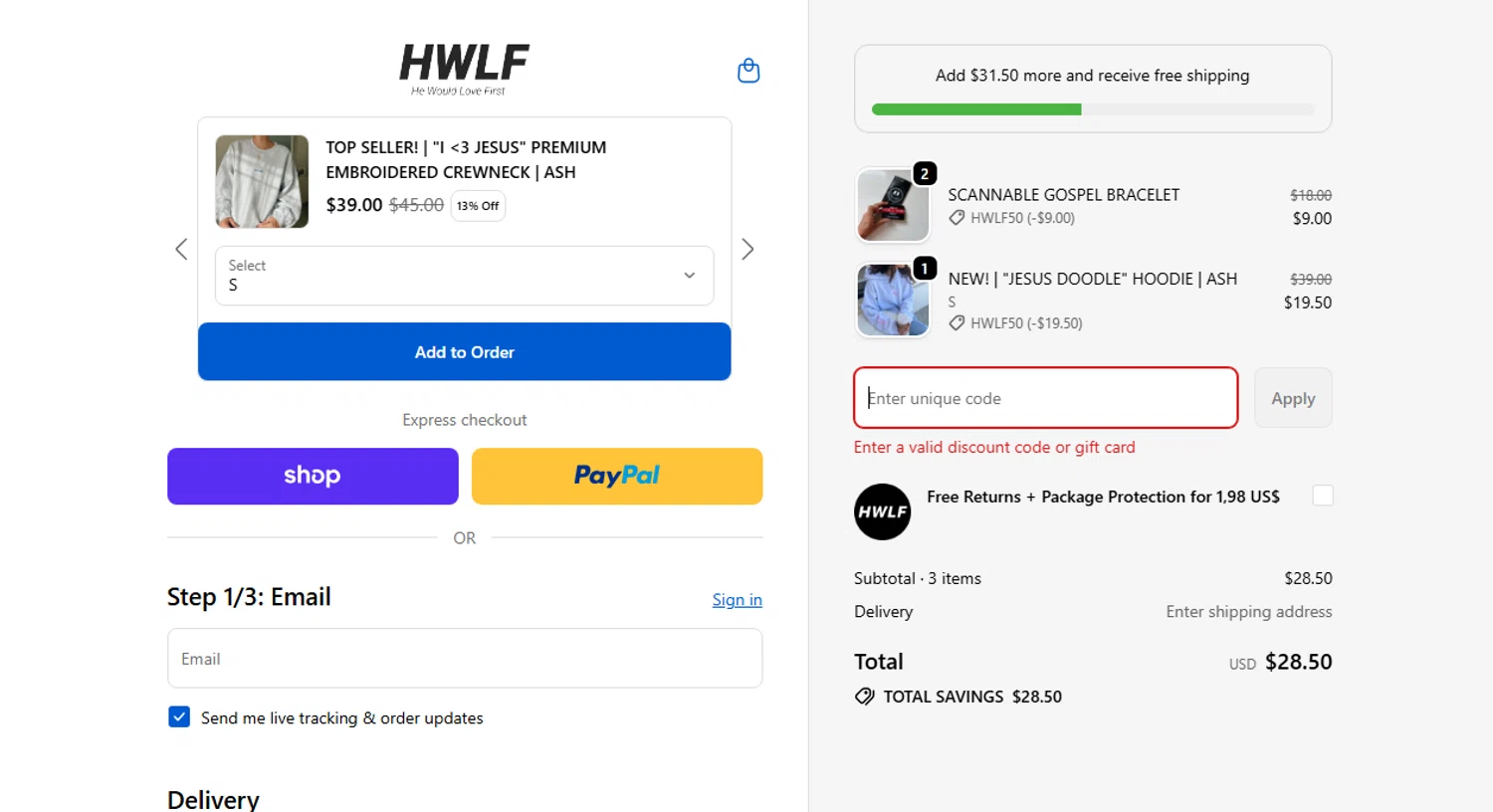 He Would Love First discount code screenshot showing code HWLF20 applied at He Would Love First checkout page. Uploaded by SimplyCodes community member Moonkey on Nov 25, 2025