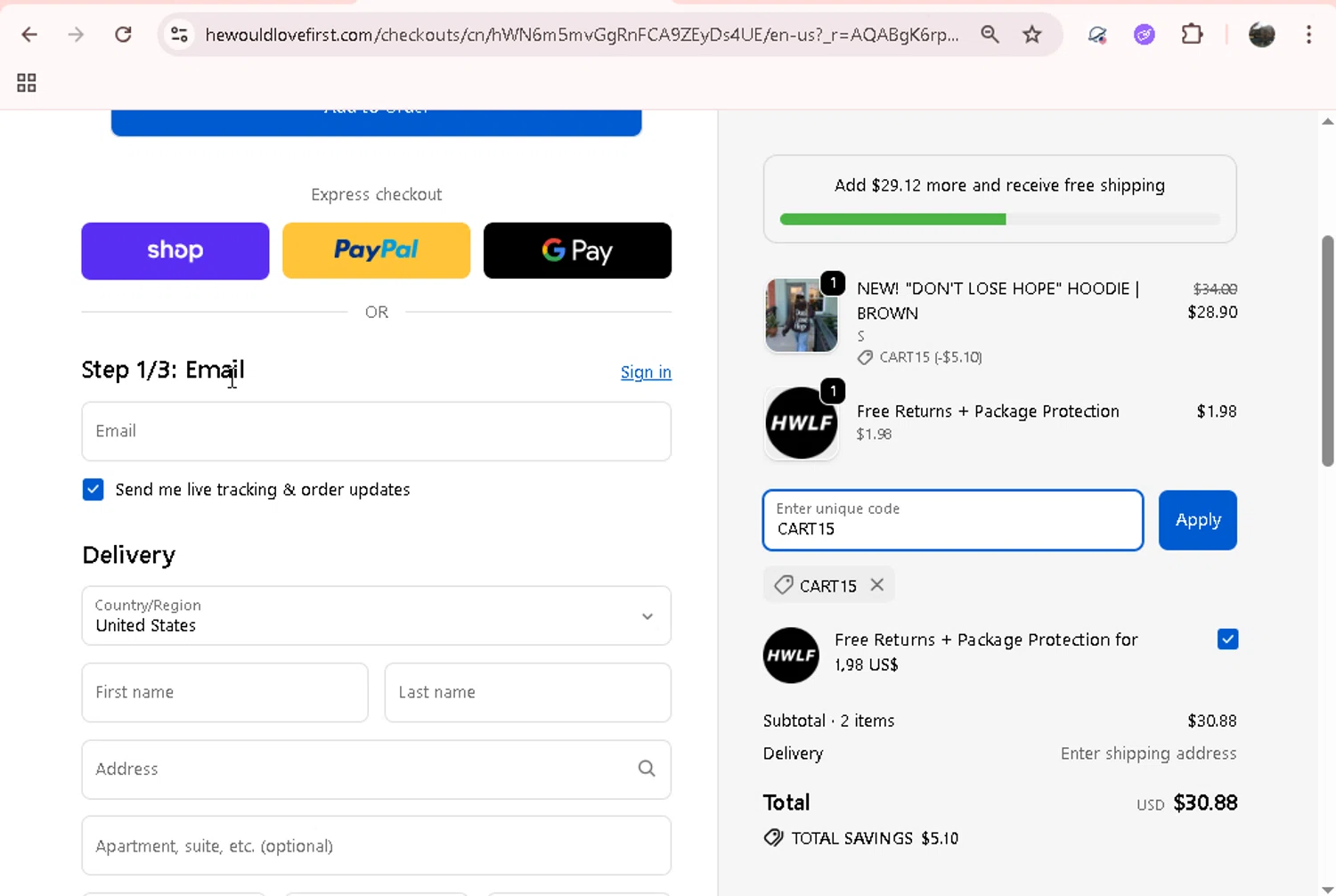 He Would Love First discount code screenshot showing code CART15 applied at He Would Love First checkout page. Uploaded by SimplyCodes community member Jesusvasquezzz on Dec 23, 2025