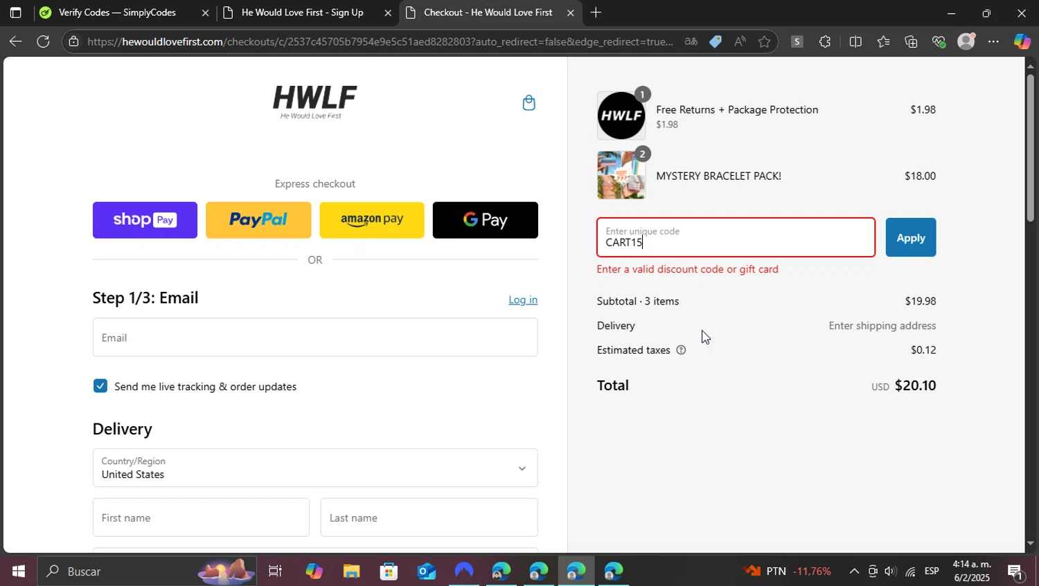 He Would Love First discount code screenshot showing code CART15 applied at He Would Love First checkout page. Uploaded by SimplyCodes community member vasijadeaceite on Feb 6, 2025