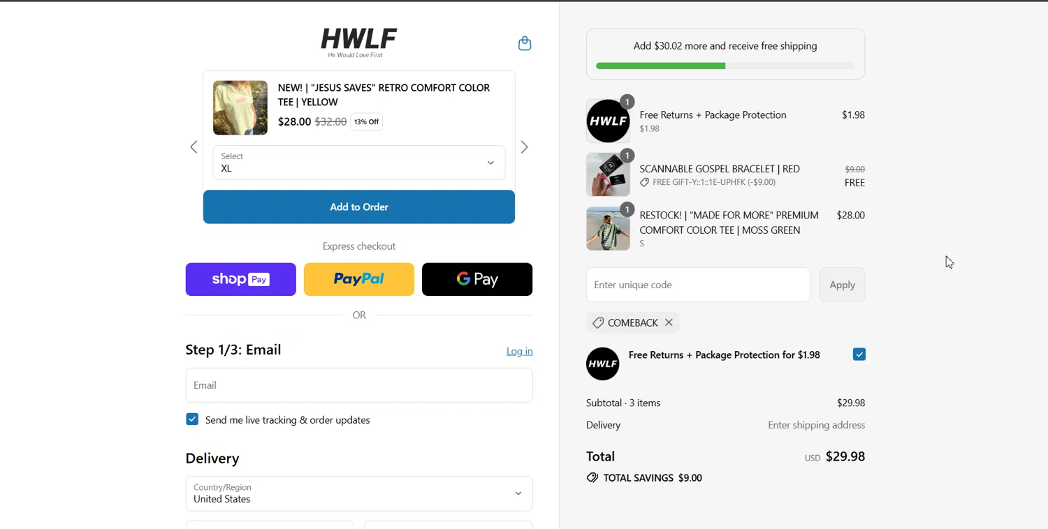 He Would Love First discount code screenshot showing code comeback applied at He Would Love First checkout page. Uploaded by SimplyCodes community member ArthurMorgan on Jul 10, 2025