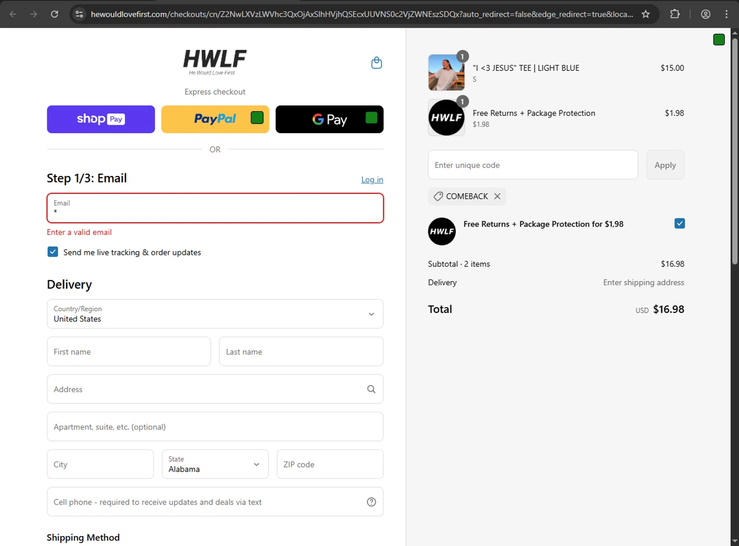 He Would Love First discount code screenshot showing code comeback applied at He Would Love First checkout page. Uploaded by SimplyCodes community member fiadaz on Jun 12, 2025