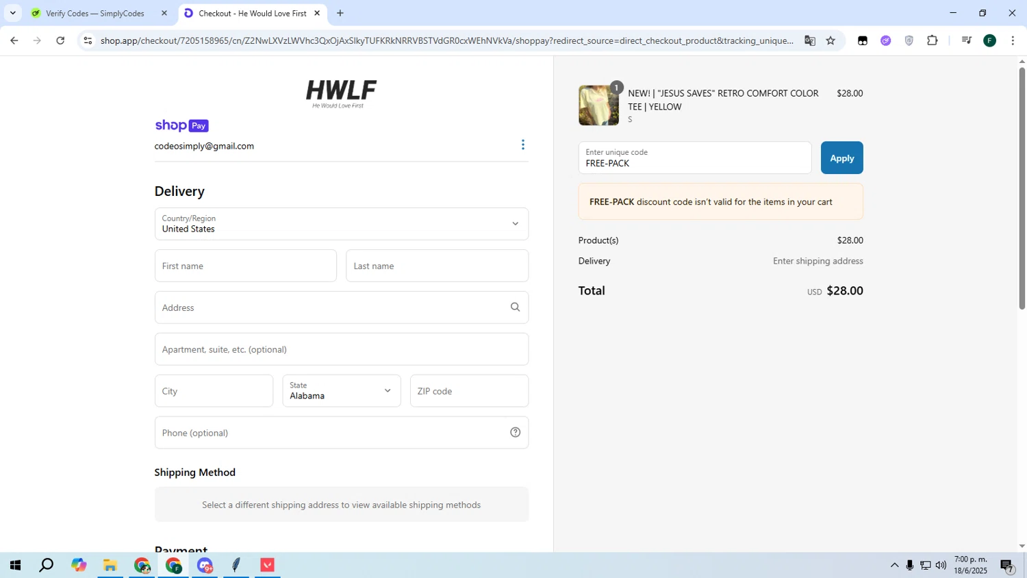 He Would Love First discount code screenshot showing code FREE-PACK applied at He Would Love First checkout page. Uploaded by SimplyCodes community member Juanse on Jun 18, 2025