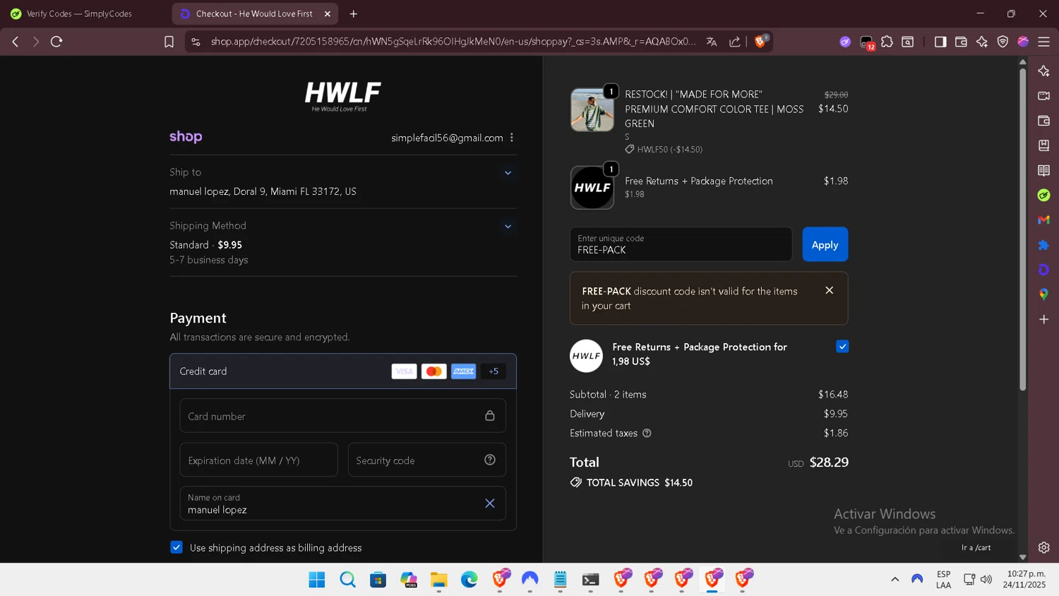 He Would Love First discount code screenshot showing code FREE-PACK applied at He Would Love First checkout page. Uploaded by SimplyCodes community member SilverSentinel7889 on Nov 25, 2025
