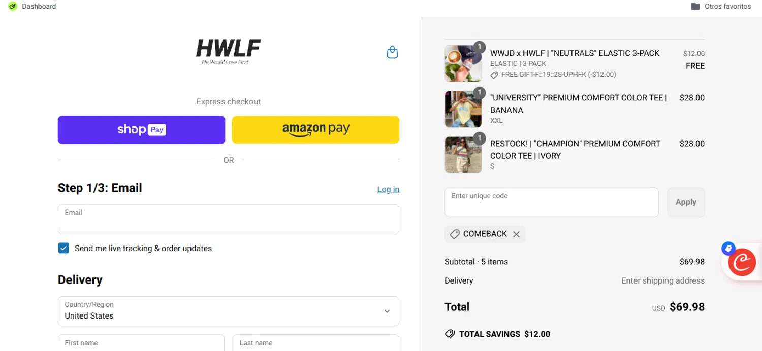 He Would Love First discount code screenshot showing code COMEBACK applied at He Would Love First checkout page. Uploaded by SimplyCodes community member Speedy on May 28, 2025