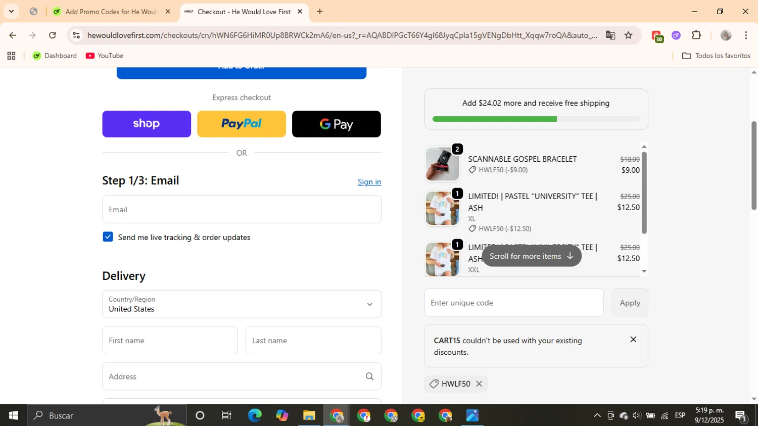 He Would Love First discount code screenshot showing code CART15 applied at He Would Love First checkout page. Uploaded by SimplyCodes community member powerSu on Dec 9, 2025