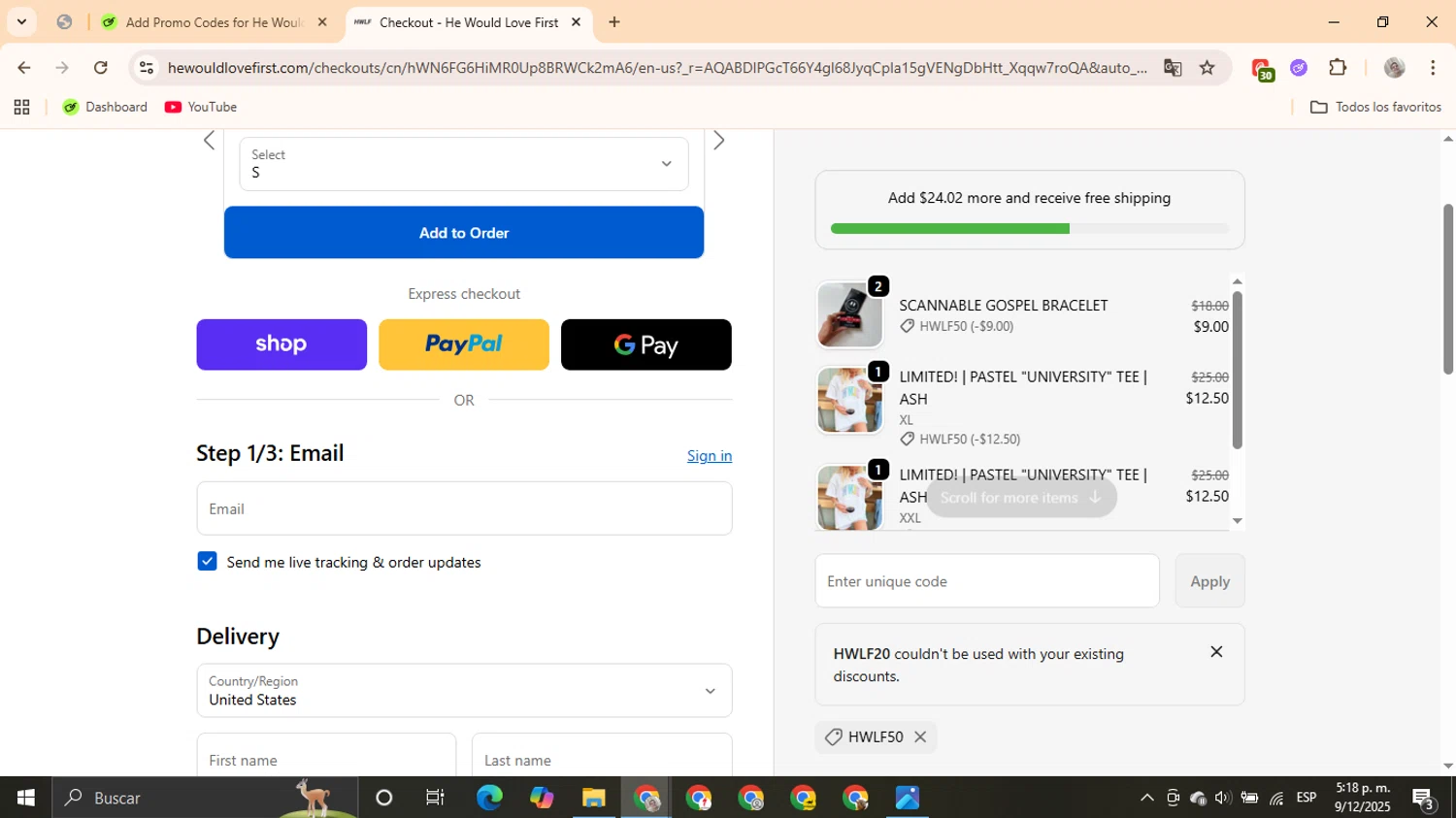 He Would Love First discount code screenshot showing code HWLF20 applied at He Would Love First checkout page. Uploaded by SimplyCodes community member powerSu on Dec 9, 2025