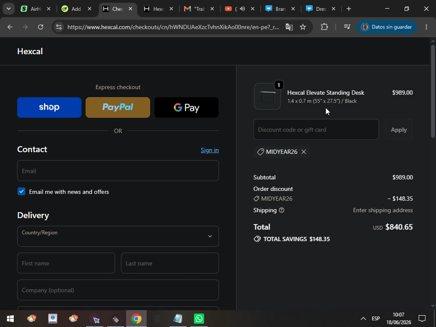 Hexcal promo code screenshot showing code MIDYEAR26 applied at Hexcal checkout page. Uploaded by SimplyCodes community member MarcosAranguren on Jun 18, 2026