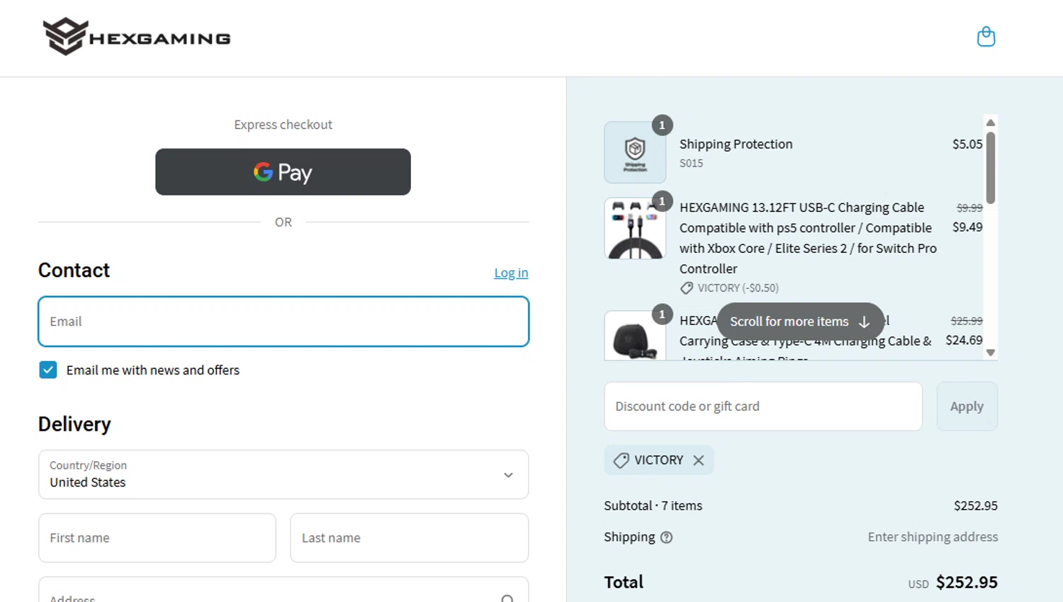 HexGaming discount code screenshot showing code VICTORY applied at HexGaming checkout page. Uploaded by SimplyCodes community member Fundolaroca on Jul 12, 2025