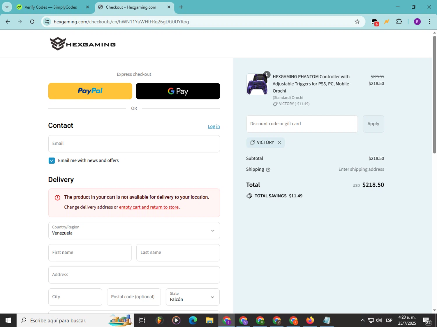 HexGaming discount code screenshot showing code VICTORY applied at HexGaming checkout page. Uploaded by SimplyCodes community member Soyvictor on Jul 25, 2025