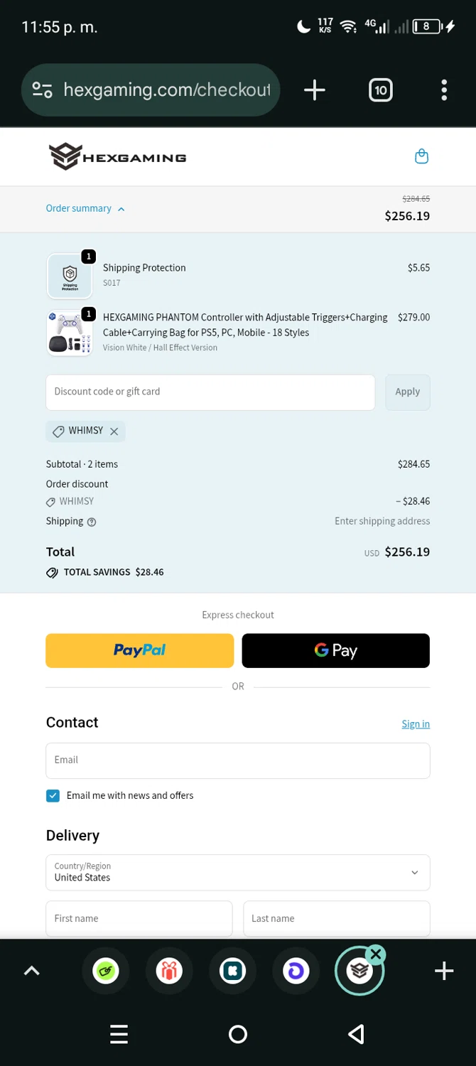 HexGaming discount code screenshot showing code WHIMSY applied at HexGaming checkout page. Uploaded by SimplyCodes community member Eltoro20 on Oct 25, 2025