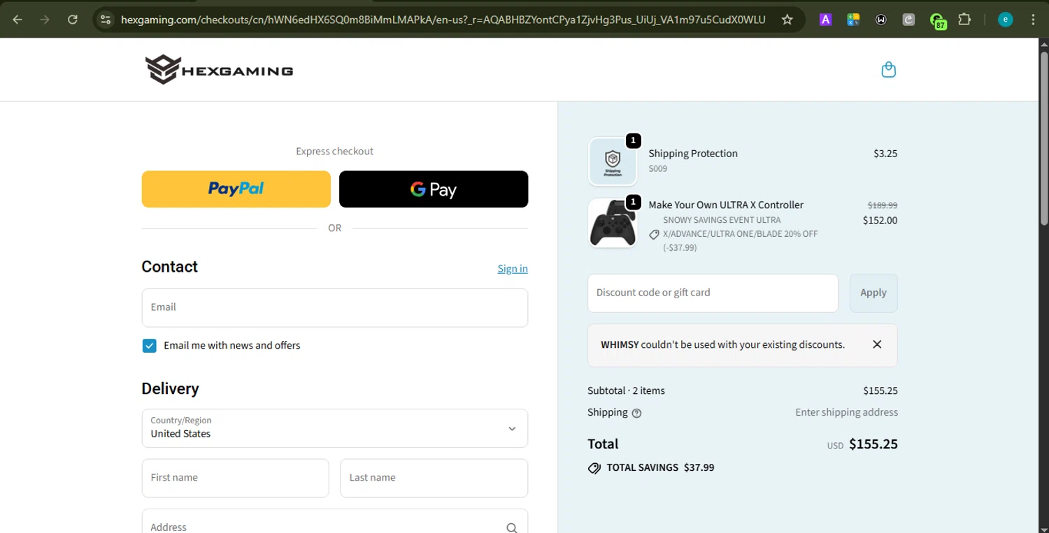 HexGaming discount code screenshot showing code WHIMSY applied at HexGaming checkout page. Uploaded by SimplyCodes community member LOVECOUPON on Dec 20, 2025