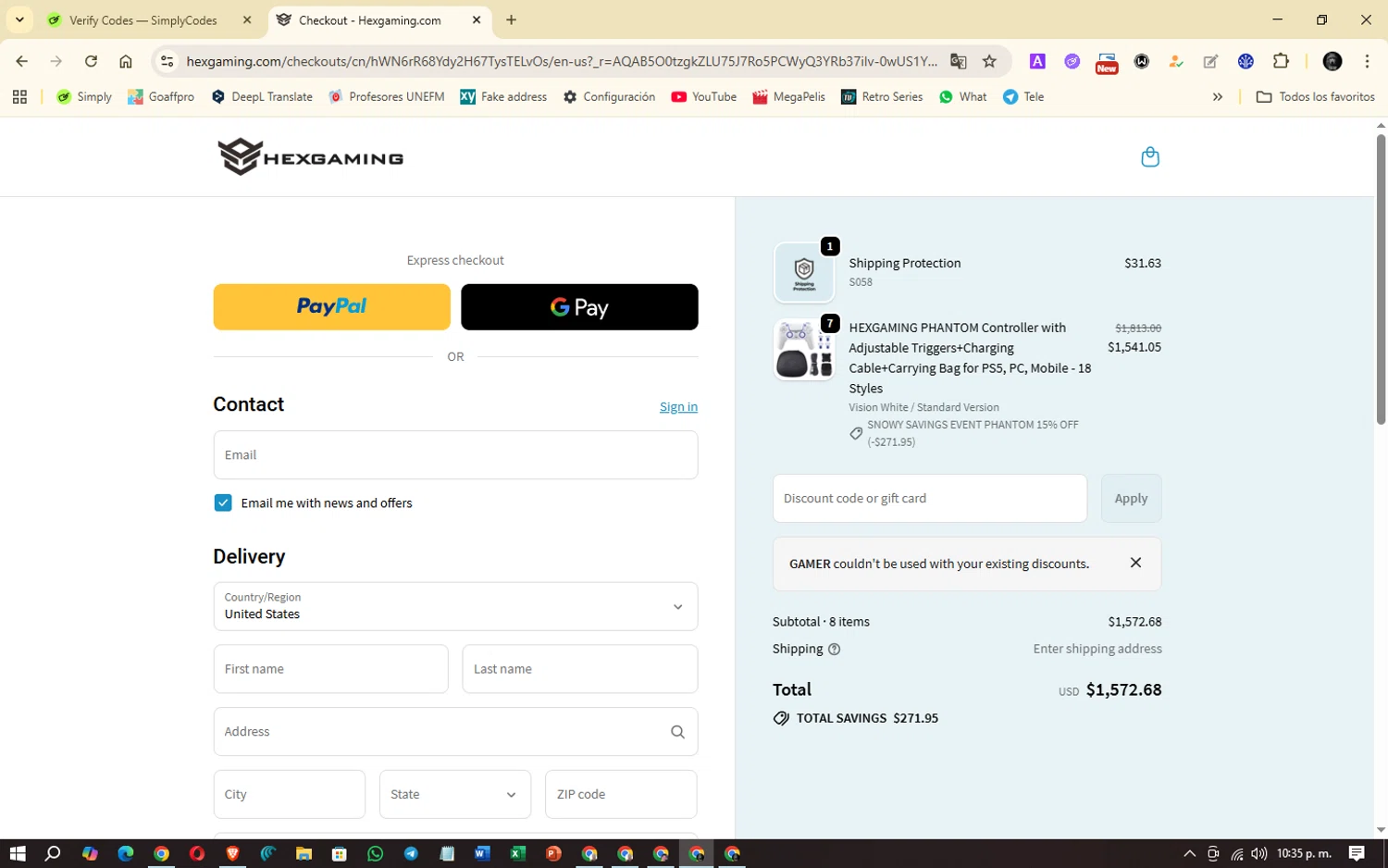 HexGaming discount code screenshot showing code GAMER applied at HexGaming checkout page. Uploaded by SimplyCodes community member Denver on Dec 26, 2025