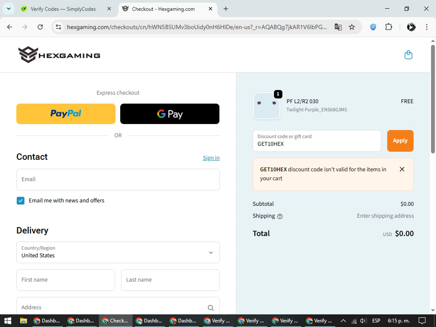 HexGaming discount code screenshot showing code GET10HEX applied at HexGaming checkout page. Uploaded by SimplyCodes community member SavvyChaser6563 on Nov 11, 2025