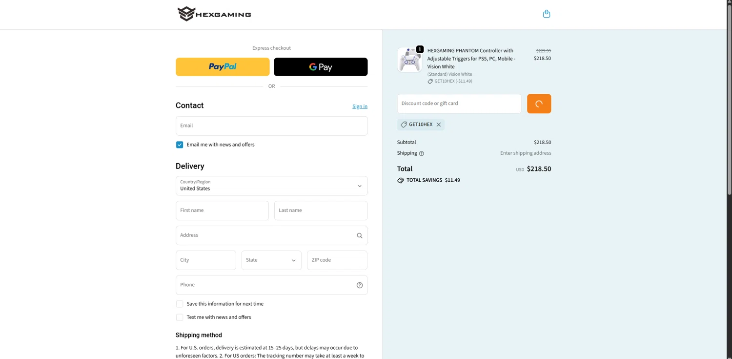 HexGaming discount code screenshot showing code GET10HEX applied at HexGaming checkout page. Uploaded by SimplyCodes community member TreasureHero9595 on Oct 20, 2025