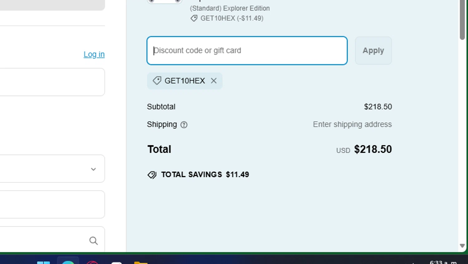 HexGaming discount code screenshot showing code GET10HEX applied at HexGaming checkout page. Uploaded by SimplyCodes community member chepipro on Mar 9, 2025
