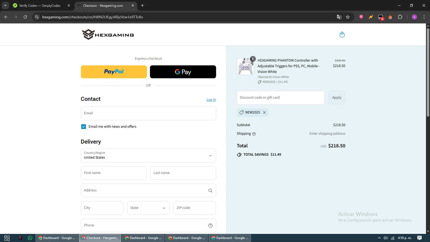 HexGaming discount code screenshot showing code NEW2025 applied at HexGaming checkout page. Uploaded by SimplyCodes community member CouponScout5403 on Sep 1, 2025