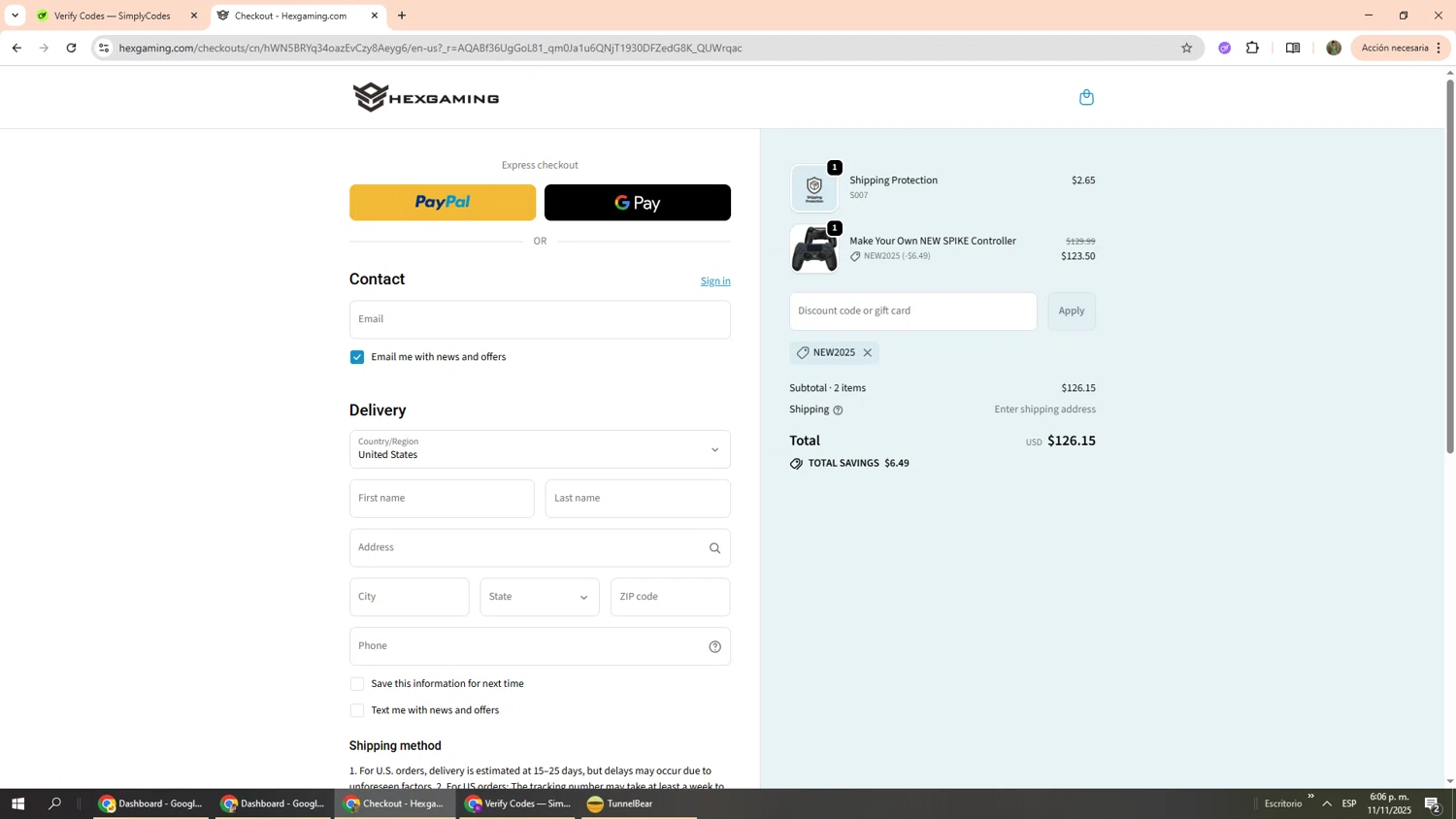 HexGaming discount code screenshot showing code NEW2025 applied at HexGaming checkout page. Uploaded by SimplyCodes community member Phoenix585 on Nov 11, 2025