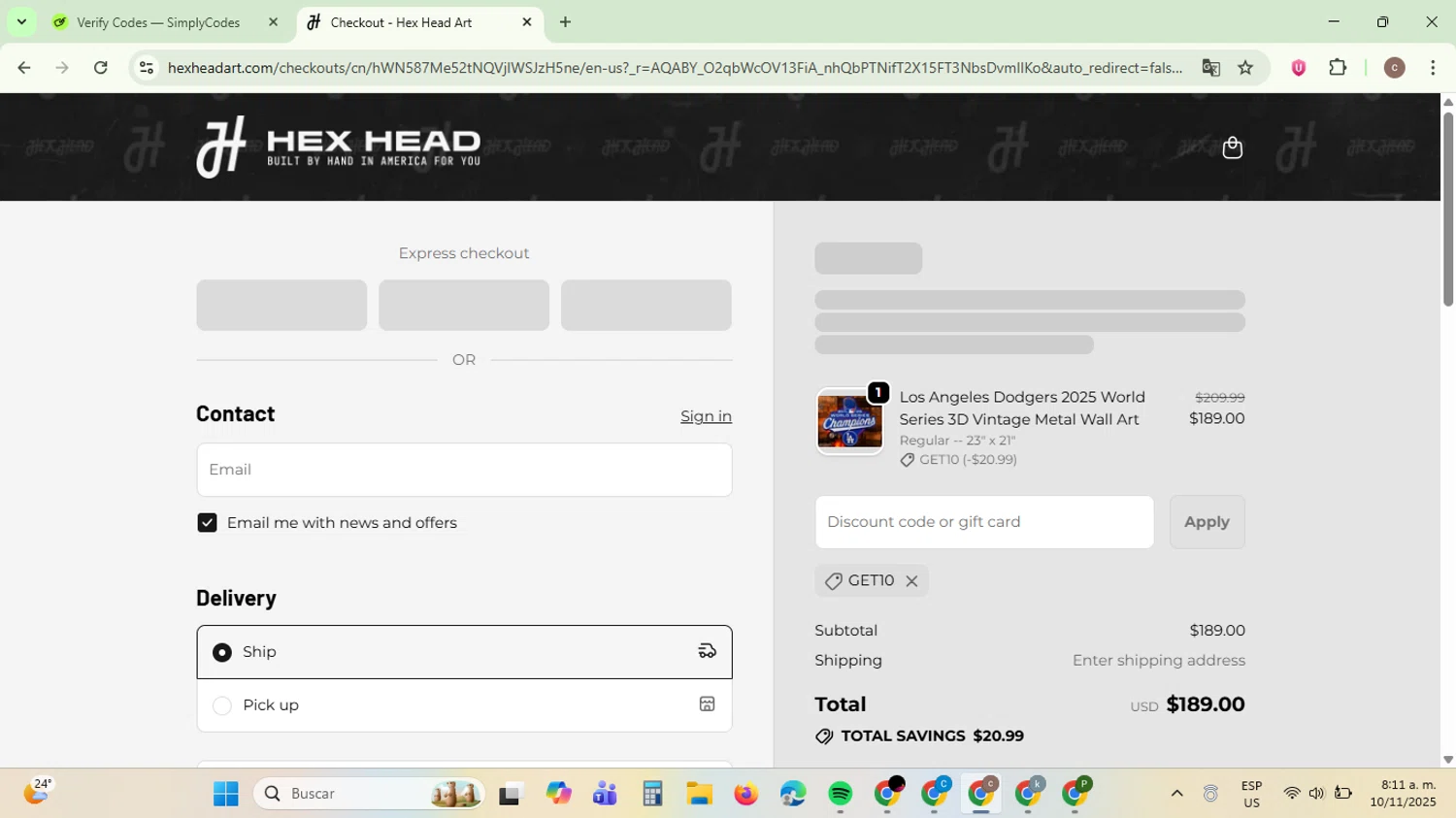Hex Head Art discount code screenshot showing code GET10 applied at Hex Head Art checkout page. Uploaded by SimplyCodes community member NobleExpert6497 on Nov 10, 2025