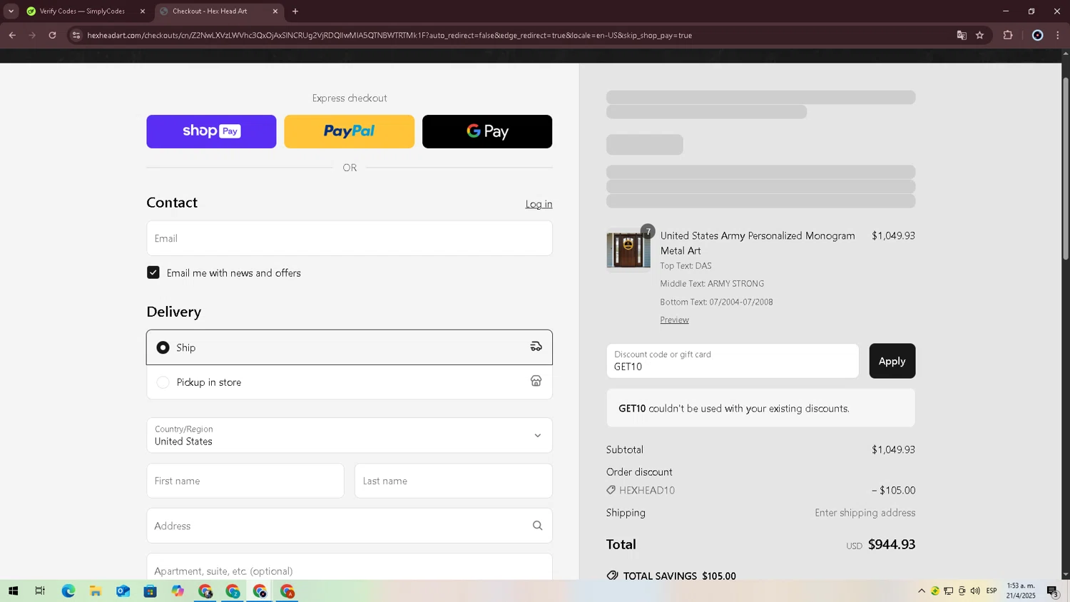 Hex Head Art discount code screenshot showing code GET10 applied at Hex Head Art checkout page. Uploaded by SimplyCodes community member jessrodrguez2 on Apr 21, 2025