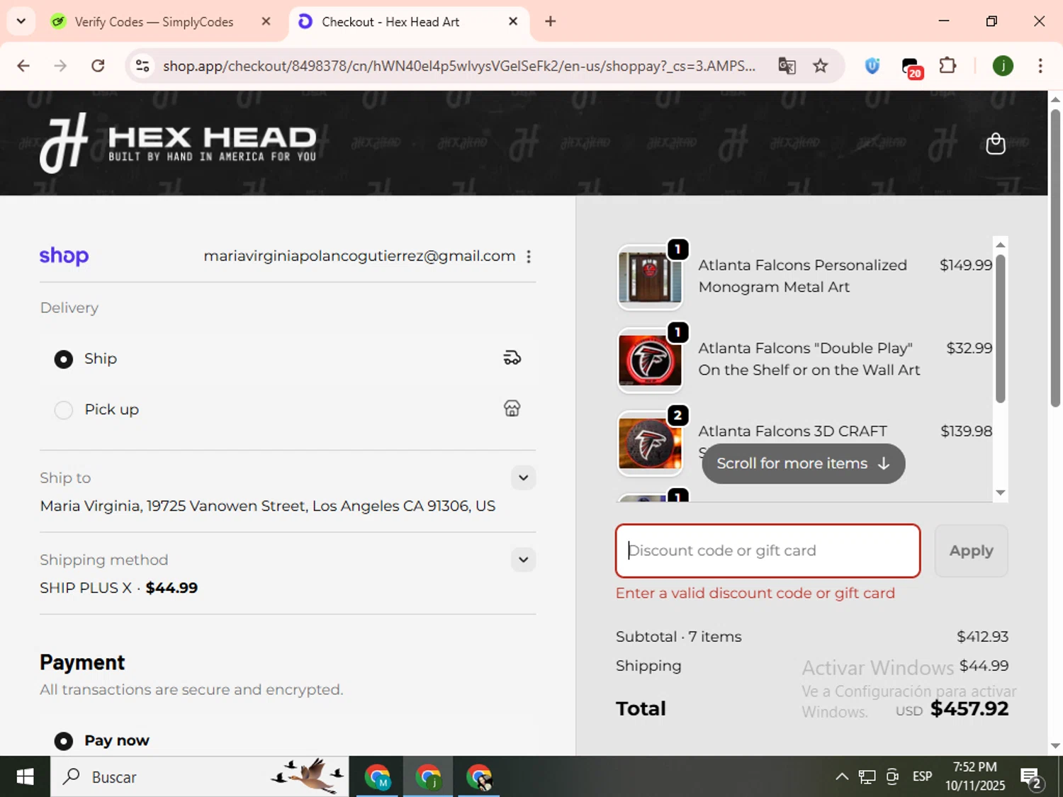 Hex Head Art discount code screenshot showing code HEXHEAD10 applied at Hex Head Art checkout page. Uploaded by SimplyCodes community member SavingsCollector2592 on Oct 11, 2025