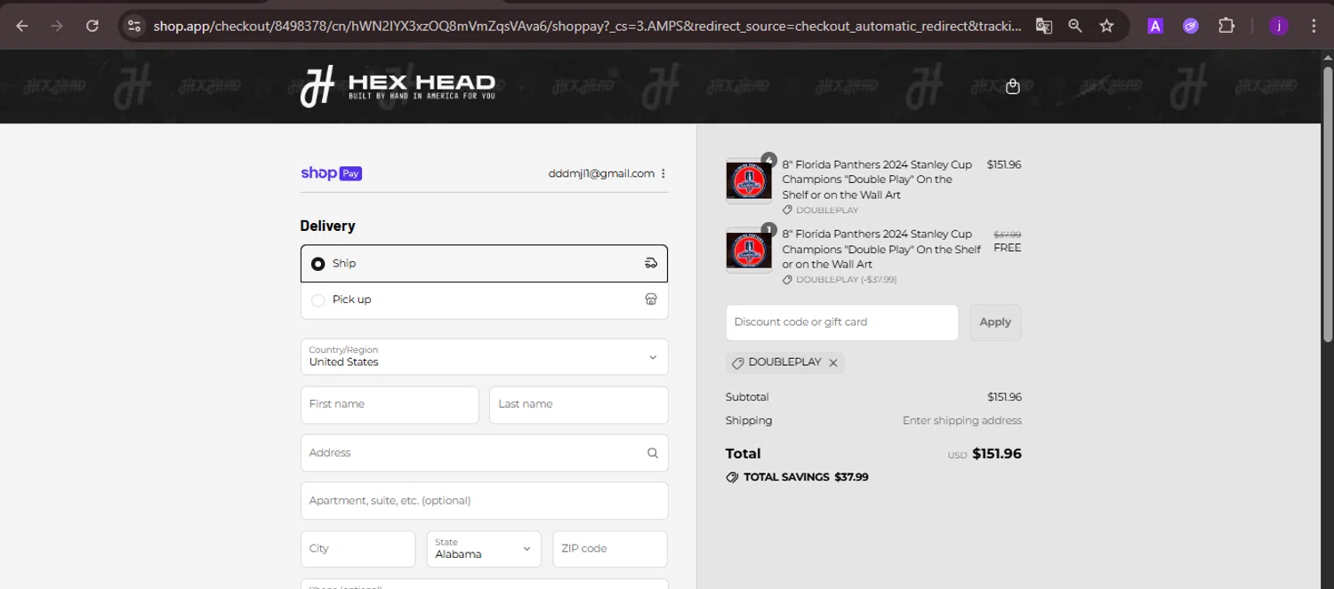 Hex Head Art discount code screenshot showing code DOUBLEPLAY applied at Hex Head Art checkout page. Uploaded by SimplyCodes community member CoinMaverick1452 on Aug 27, 2025