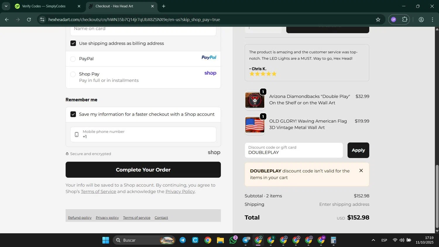 Hex Head Art discount code screenshot showing code DOUBLEPLAY applied at Hex Head Art checkout page. Uploaded by SimplyCodes community member LuckyElite8069 on Oct 11, 2025