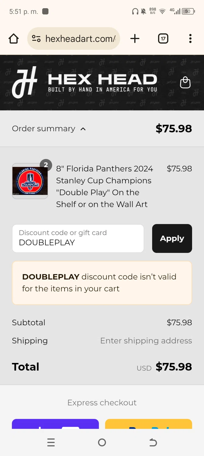 Hex Head Art discount code screenshot showing code DOUBLEPLAY applied at Hex Head Art checkout page. Uploaded by SimplyCodes community member SavingsLegend7908 on Aug 27, 2025