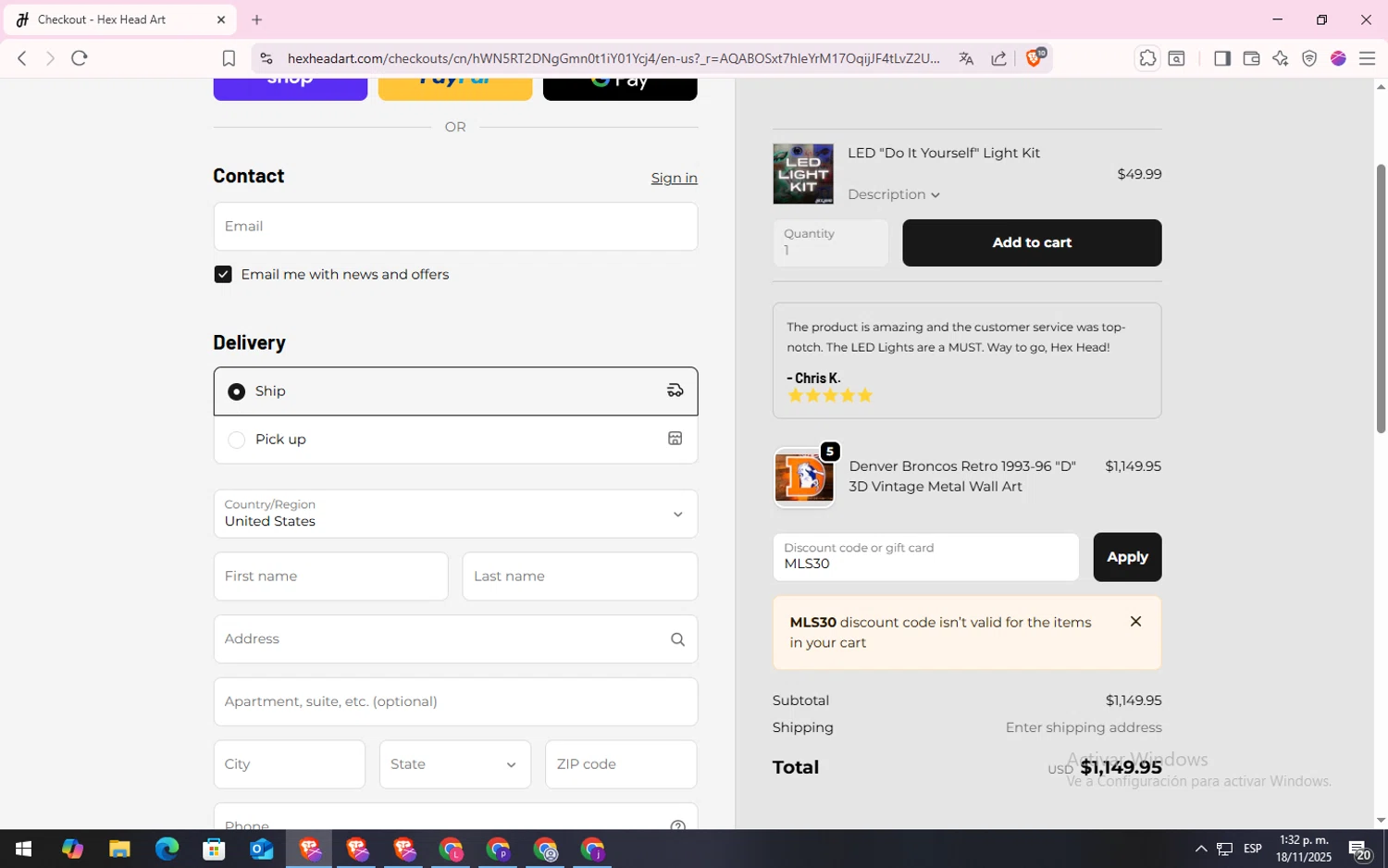 Hex Head Art discount code screenshot showing code MLS30 applied at Hex Head Art checkout page. Uploaded by SimplyCodes community member CodeLynx5272 on Nov 18, 2025