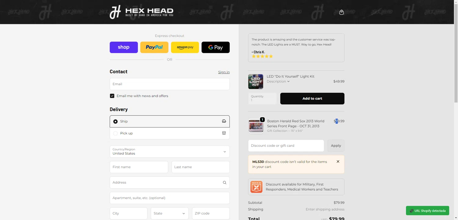 Hex Head Art checkout page showing Hex Head Art discount code box | Screenshot taken by SimplyCodes community member on Feb 11, 2026