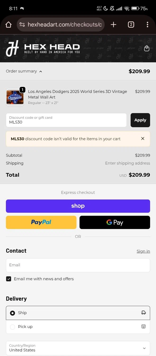Hex Head Art discount code screenshot showing code MLS30 applied at Hex Head Art checkout page. Uploaded by SimplyCodes community member Lhhfhii on Nov 10, 2025