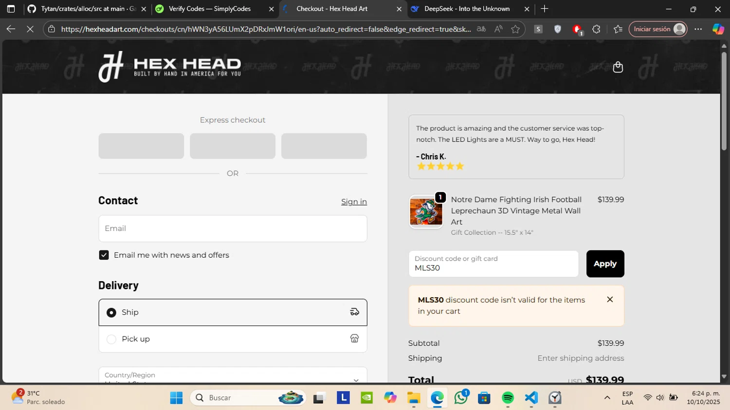 Hex Head Art discount code screenshot showing code MLS30 applied at Hex Head Art checkout page. Uploaded by SimplyCodes community member RoyalGenius9299 on Oct 10, 2025