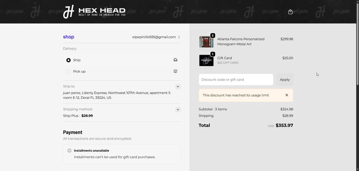 Hex Head Art discount code screenshot showing code SAVEFCJVCGXH applied at Hex Head Art checkout page. Uploaded by SimplyCodes community member Enmanuel99 on Jan 8, 2026