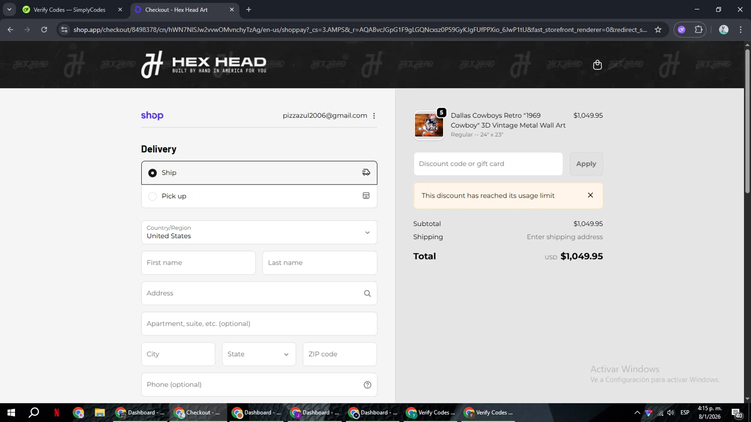 Hex Head Art discount code screenshot showing code SAVEFCJVCGXH applied at Hex Head Art checkout page. Uploaded by SimplyCodes community member ShrewdSeeker6165 on Jan 8, 2026