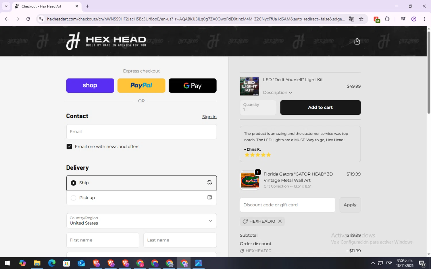 Hex Head Art discount code screenshot showing code HEXHEAD10 applied at Hex Head Art checkout page. Uploaded by SimplyCodes community member NobleFox9153 on Nov 19, 2025