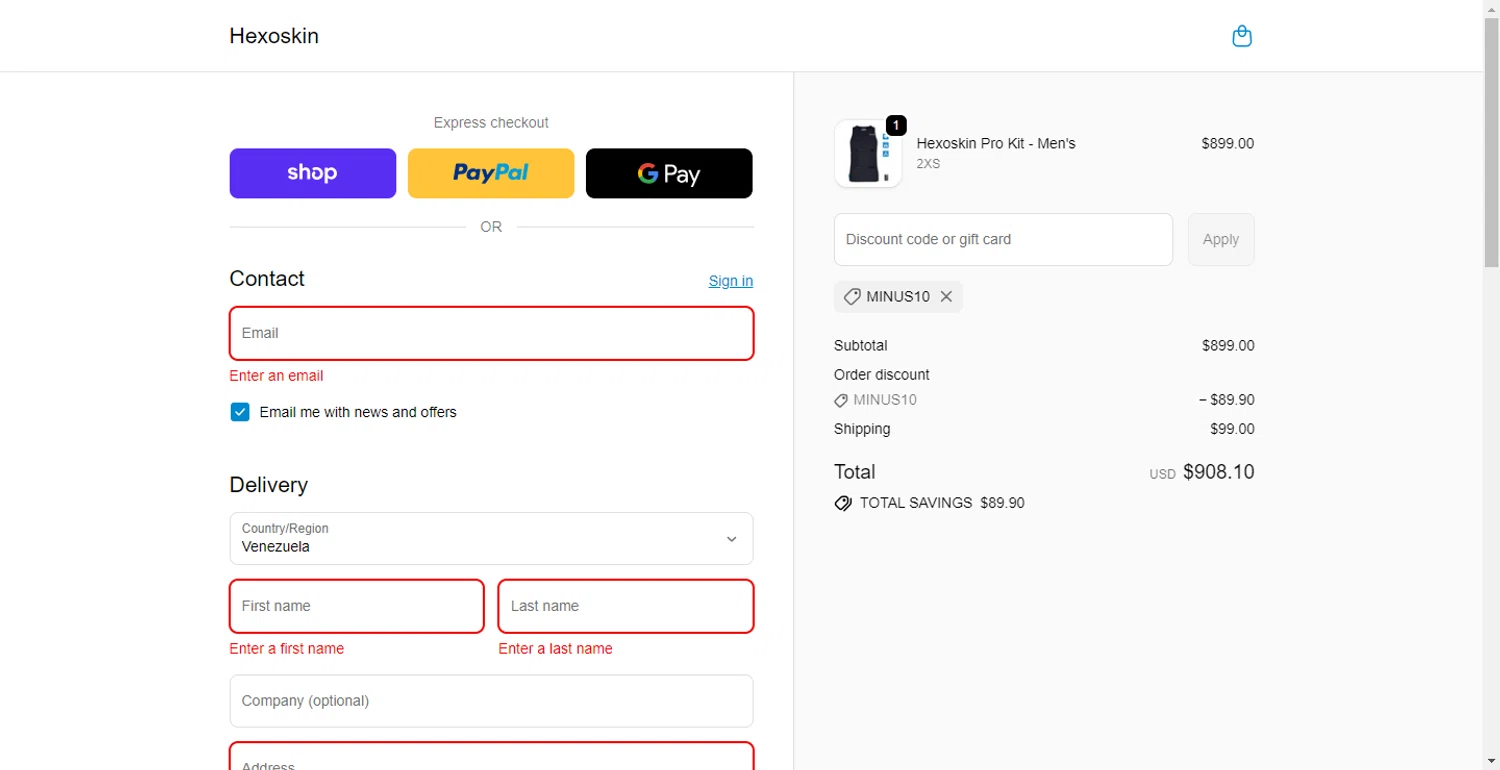 Hexo Skin promo code screenshot showing code MINUS10 applied at Hexo Skin checkout page. Uploaded by SimplyCodes community member PennyOwl696 on Dec 4, 2025
