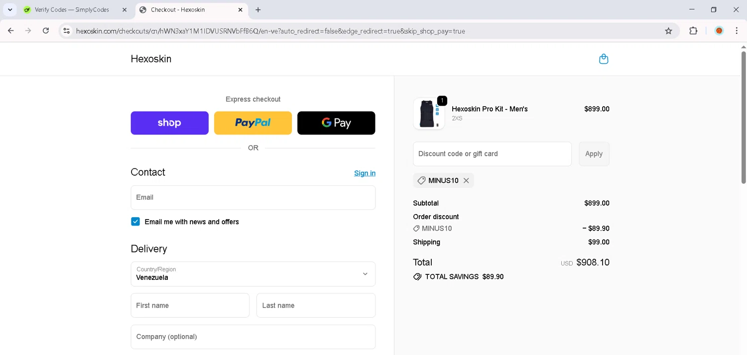 Hexo Skin promo code screenshot showing code MINUS10 applied at Hexo Skin checkout page. Uploaded by SimplyCodes community member RoyalMaverick7546 on Oct 10, 2025