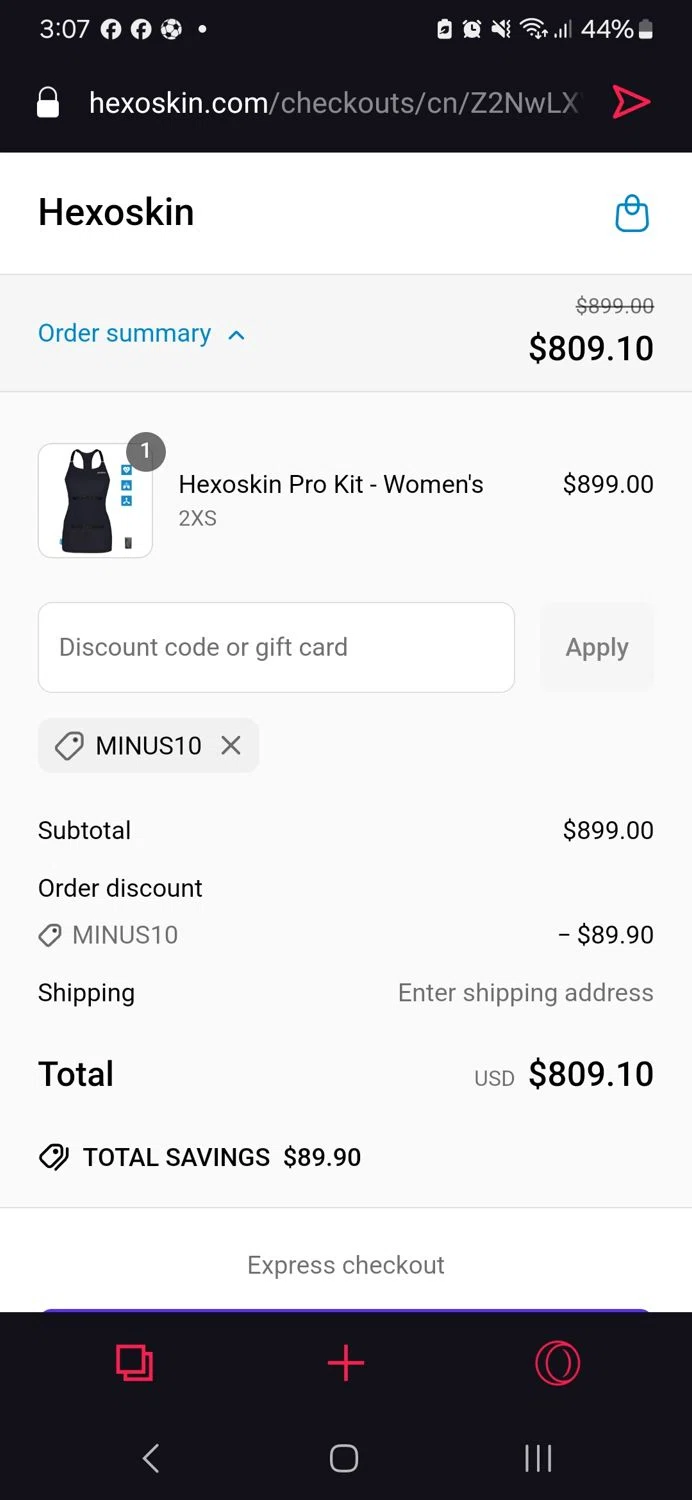 Hexo Skin promo code screenshot showing code MINUS10 applied at Hexo Skin checkout page. Uploaded by SimplyCodes community member luissdbv1 on May 3, 2025