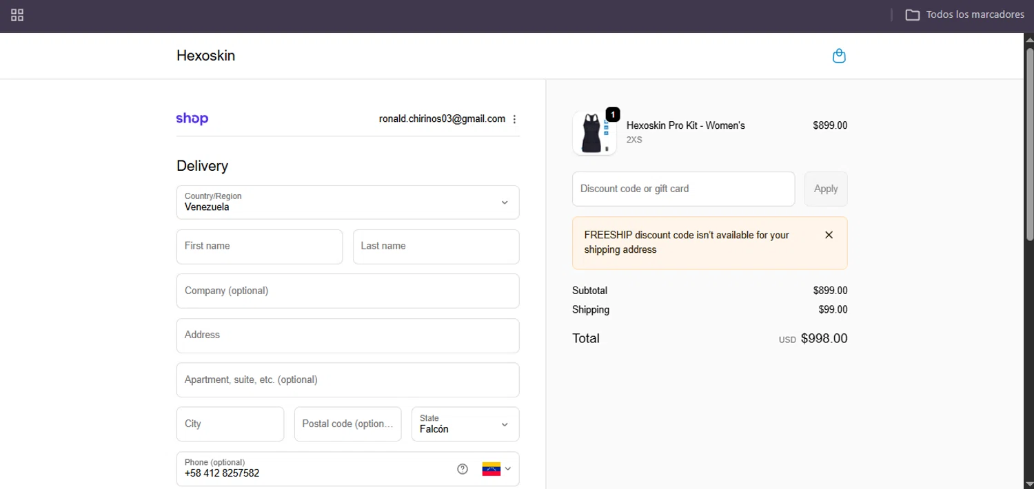 Hexo Skin promo code screenshot showing code FREESHIP applied at Hexo Skin checkout page. Uploaded by SimplyCodes community member Egni_149037891 on Jan 31, 2026
