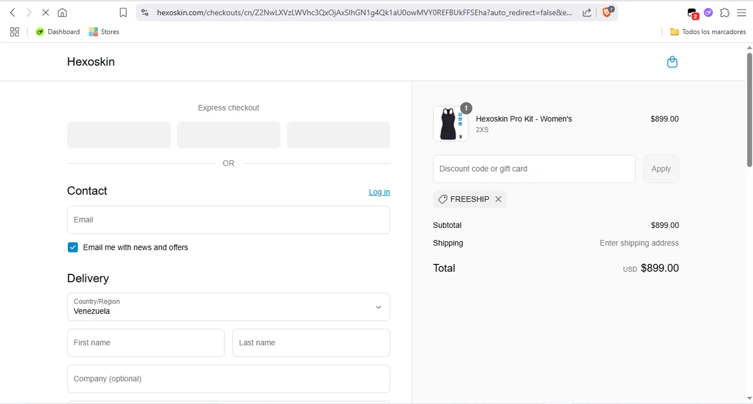 Hexo Skin promo code screenshot showing code FREESHIP applied at Hexo Skin checkout page. Uploaded by SimplyCodes community member LegendaryTitan9160 on Jun 11, 2025