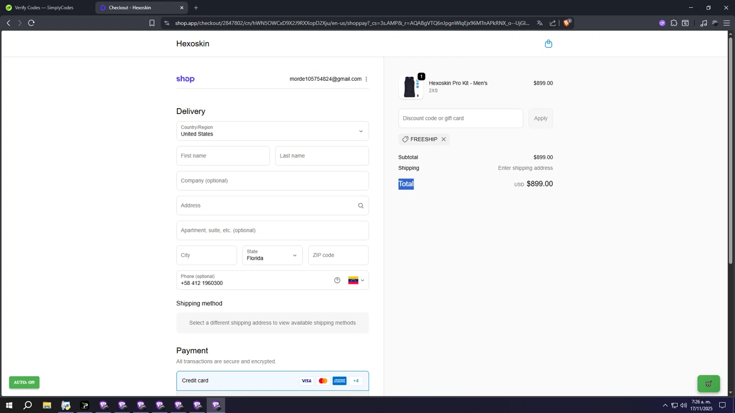 Hexo Skin promo code screenshot showing code FREESHIP applied at Hexo Skin checkout page. Uploaded by SimplyCodes community member wwwwwwwwwwwwwww on Nov 17, 2025