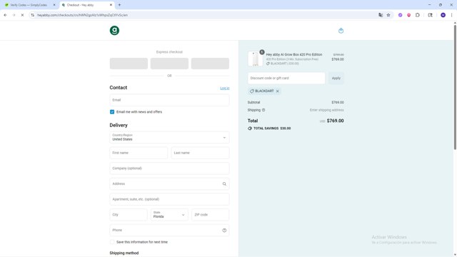Hey Abby checkout page showing Hey Abby discount code box | Screenshot taken by SimplyCodes community member on Sep 7, 2025