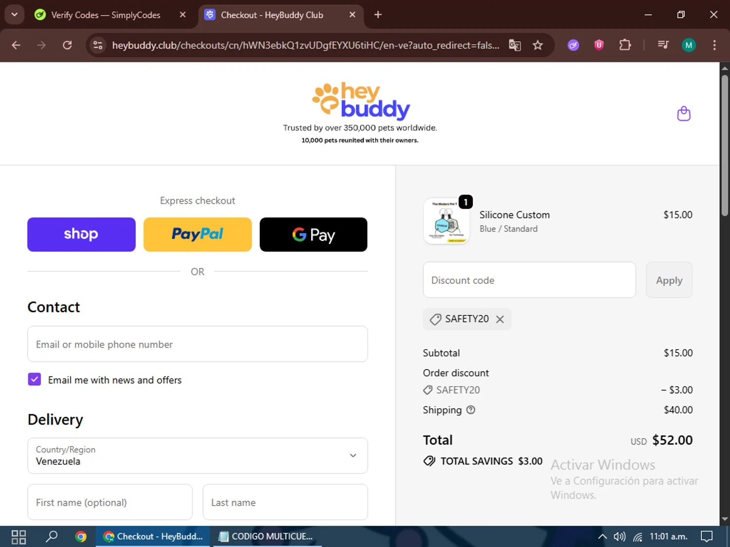 HeyBuddy discount code screenshot showing code SAFETY20 applied at HeyBuddy checkout page. Uploaded by SimplyCodes community member GleynnethR on Oct 2, 2025
