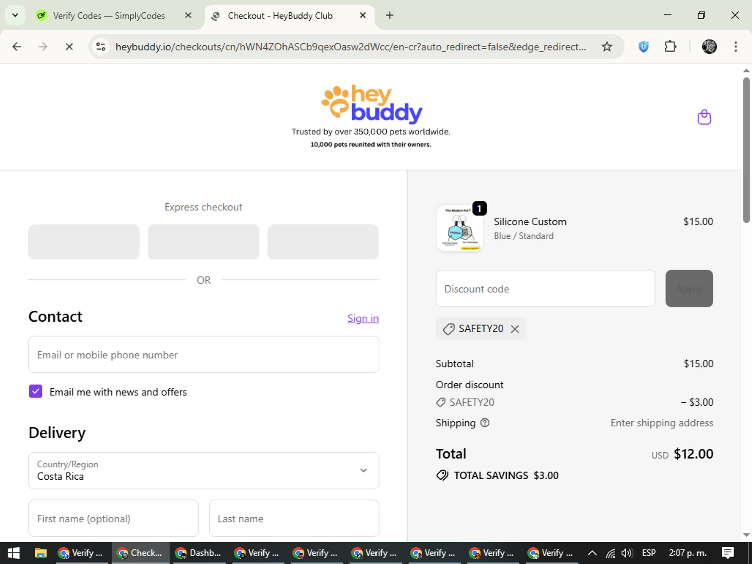 HeyBuddy discount code screenshot showing code SAFETY20 applied at HeyBuddy checkout page. Uploaded by SimplyCodes community member PrimeKnight6101 on Oct 26, 2025