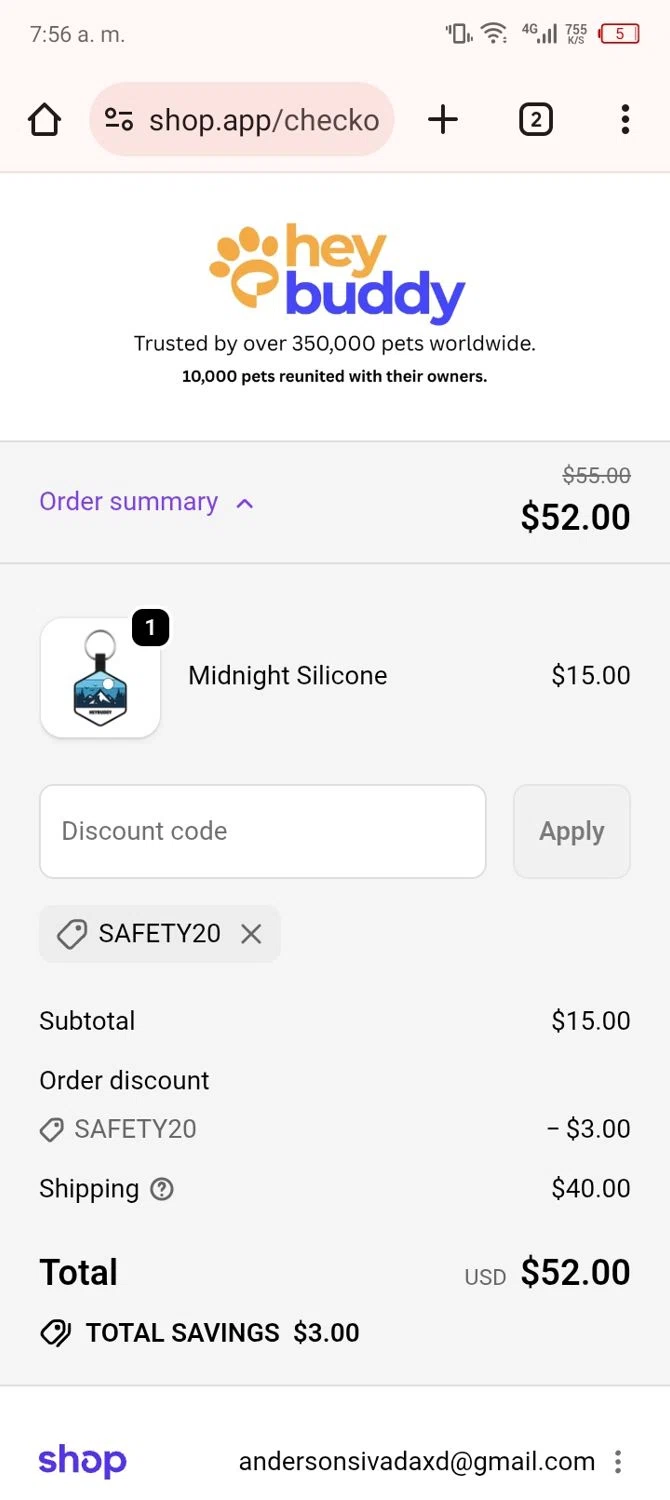 HeyBuddy discount code screenshot showing code SAFETY20 applied at HeyBuddy checkout page. Uploaded by SimplyCodes community member Xx_Cogeburras3000_xX on Sep 24, 2025