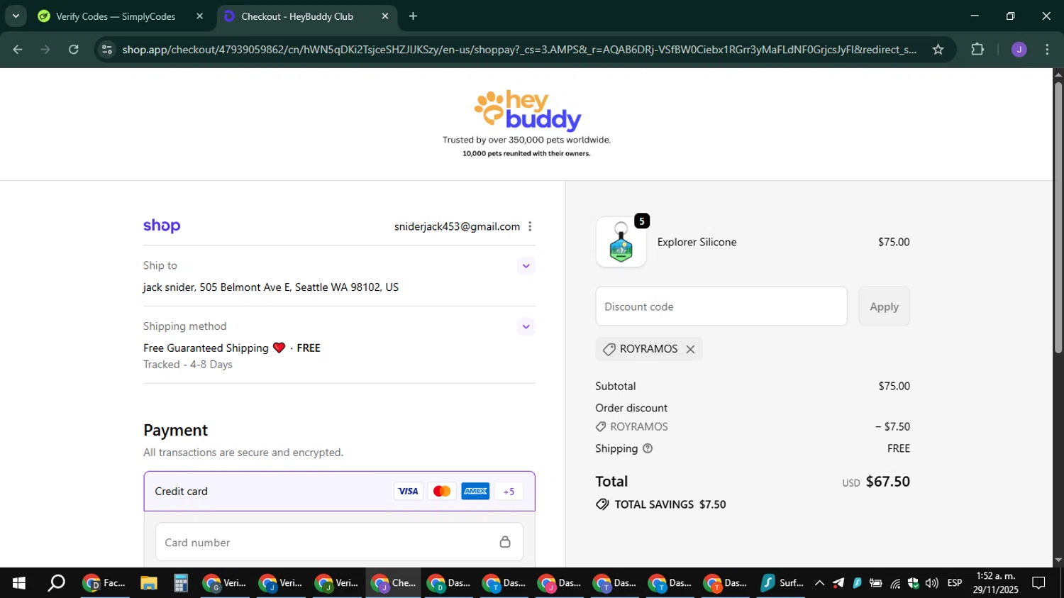 HeyBuddy discount code screenshot showing code ROYRAMOS applied at HeyBuddy checkout page. Uploaded by SimplyCodes community member sniderjack453 on Nov 29, 2025