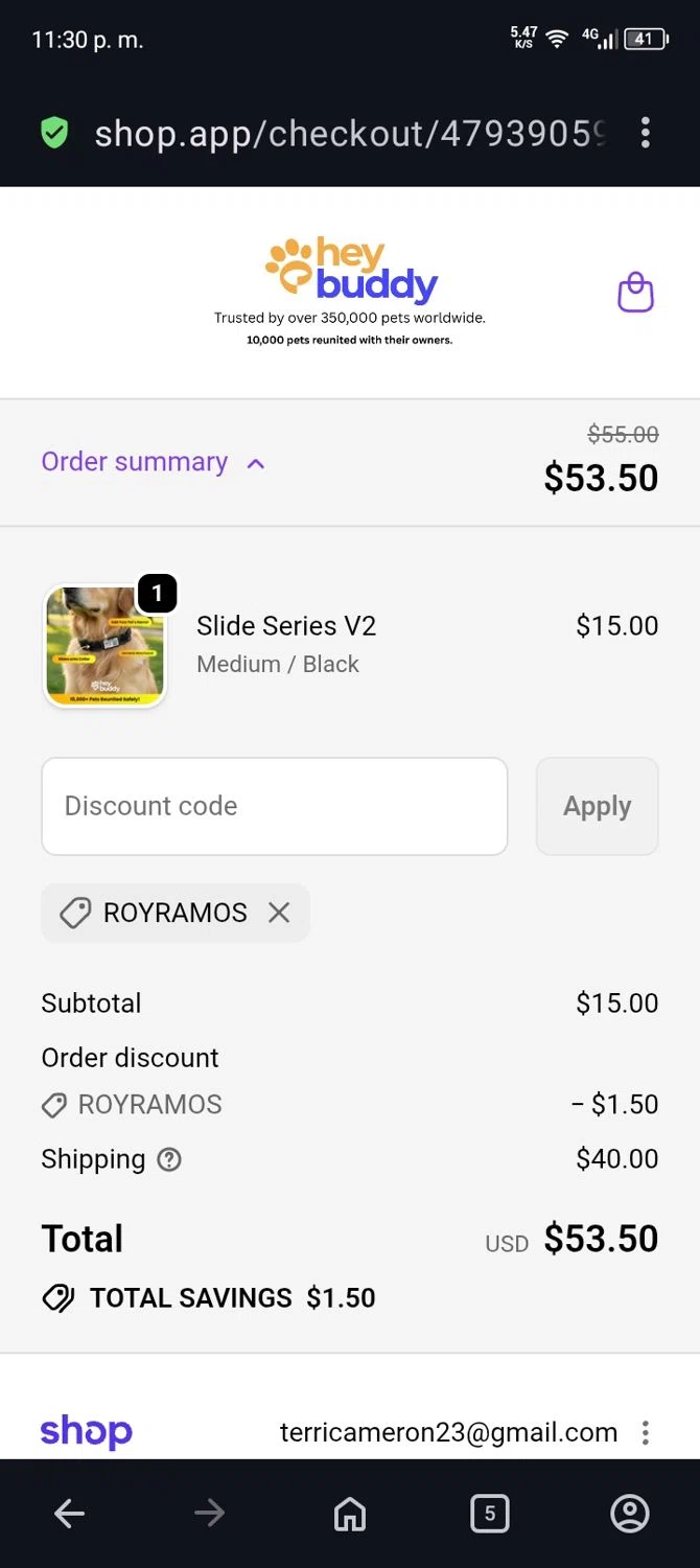 HeyBuddy discount code screenshot showing code ROYRAMOS applied at HeyBuddy checkout page. Uploaded by SimplyCodes community member terricameron on Jan 22, 2026
