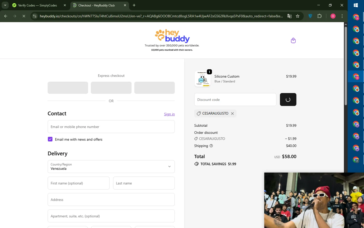 HeyBuddy discount code screenshot showing code CESARAUGUSTO applied at HeyBuddy checkout page. Uploaded by SimplyCodes community member LegendaryRanger6350 on Jan 1, 2026