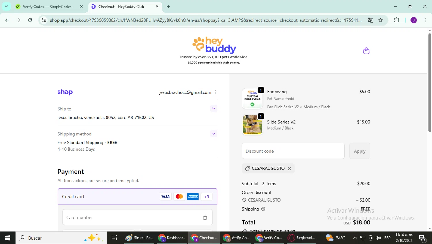 HeyBuddy discount code screenshot showing code CESARAUGUSTO applied at HeyBuddy checkout page. Uploaded by SimplyCodes community member YutakaH0shin0 on Oct 2, 2025