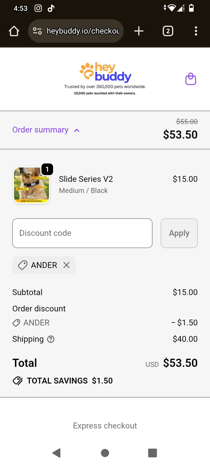 HeyBuddy discount code screenshot showing code ANDER applied at HeyBuddy checkout page. Uploaded by SimplyCodes community member Jerusalen on Dec 27, 2025